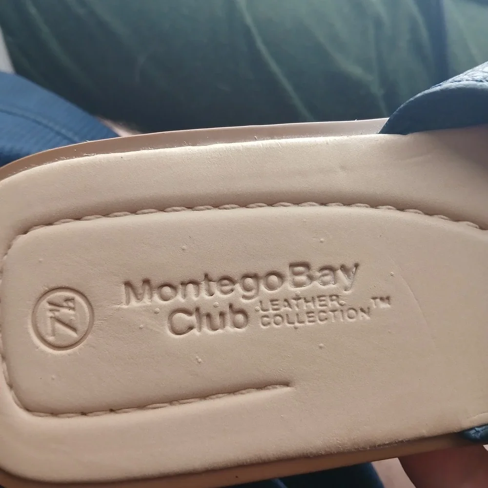 Montego Bay Club Leather Slide Sandals 7.5 Navy Blue Wedge Coastal Summer